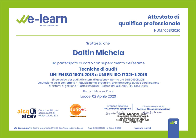 Certificazione UNI EN ISO 19011:2018 e 17021-1:2015 Michela Daltin