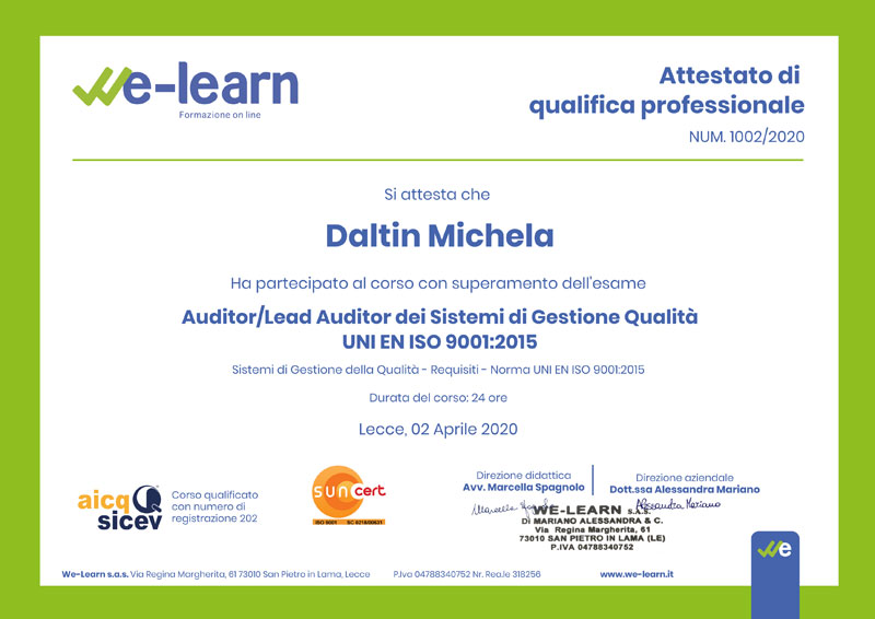 Certificazione UNI EN ISO 9001:2015 Michela Daltin